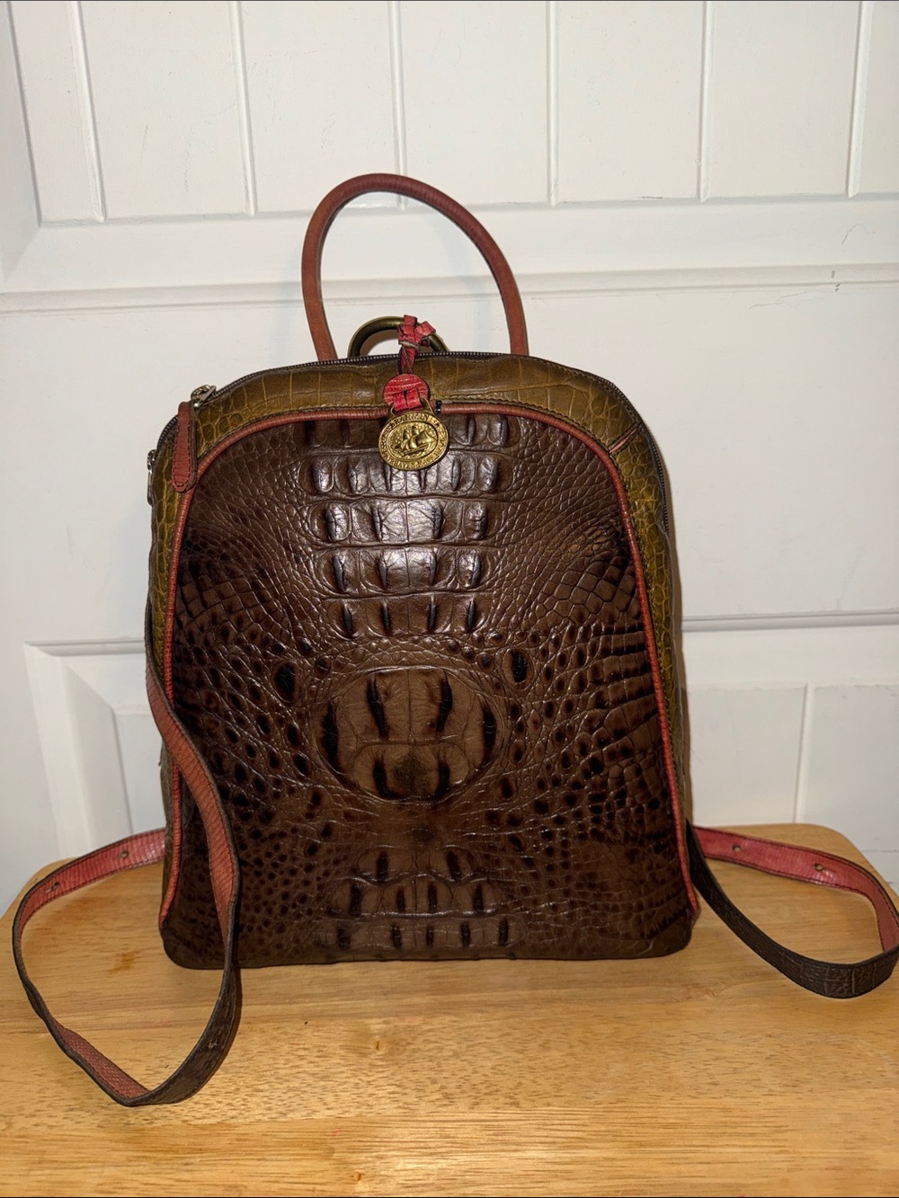 Brahmin Brown Croc-Embossed Leather Backpack with Red Trim Real Croc VINTAGE